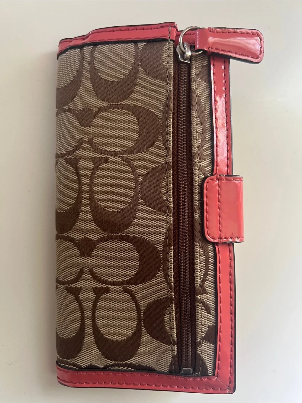 Coach Signature Canvas Phone Wallet with Coral Patent Leather Trim